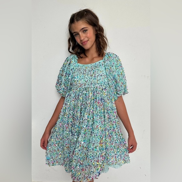 Lola + The Boys Other - NWT Lola + The Boys Teal/Light Blue BIRTHDAY CAKE SEQUIN DRESS Size 10
